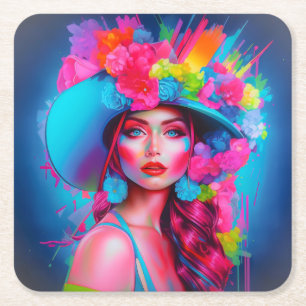 Neon Fantasy Floral Portrait Square Paper Coaster