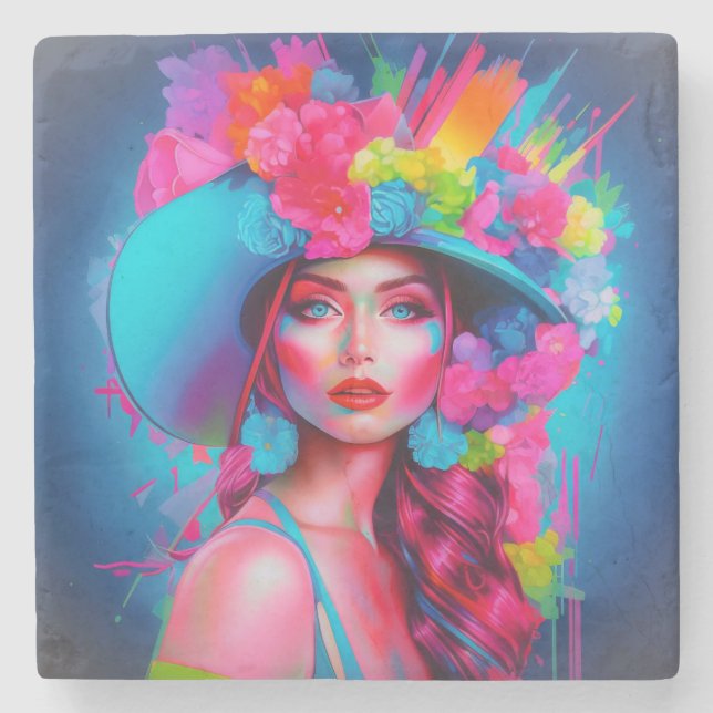 Neon Fantasy Floral Portrait  Stone Coaster (Front)