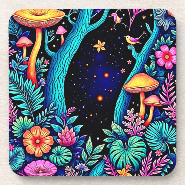 Neon Fantasy Forest Night Glow Design Coaster (Front)