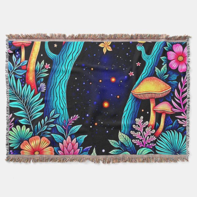 Neon Fantasy Forest Night Glow Design Throw Blanket (Front)
