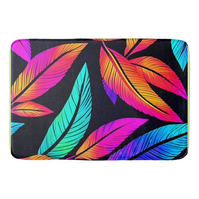 Neon Feather Pattern Vibrant Art Bath Mat (Front)