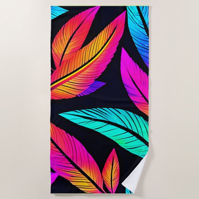 Neon Feather Pattern Vibrant Art Beach Towel (Front)