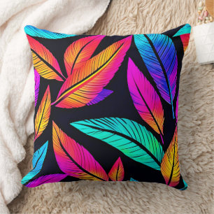 Neon Feather Pattern Vibrant Art Cushion
