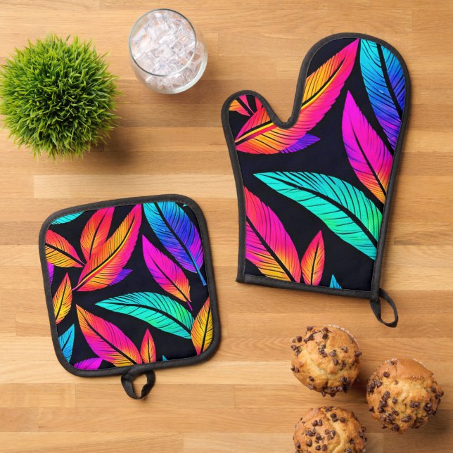 Neon Feather Pattern Vibrant Art Oven Mitt & Pot Holder Set (Top Down)