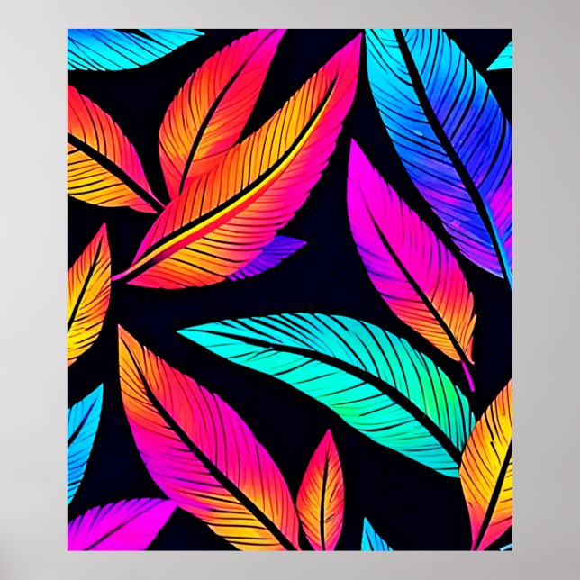 Neon Feather Pattern Vibrant Art Poster (Front)