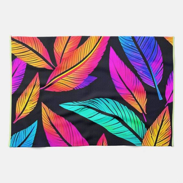 Neon Feather Pattern Vibrant Art Tea Towel (Horizontal)