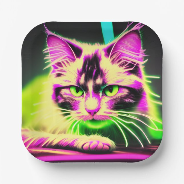 Neon Feline Fiesta: A Teen's Birthday Bash Paper Plate (Front)