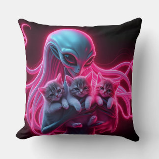 Neon Female Alien Cradling Kittens Cushion