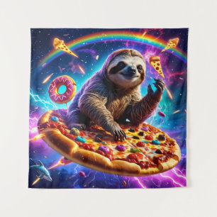 Neon Fire-Breathing Sloth in Cosmic Pizza Galaxy Tapestry