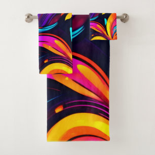 Neon Fire Design with Fiery Icons Bath Towel Set
