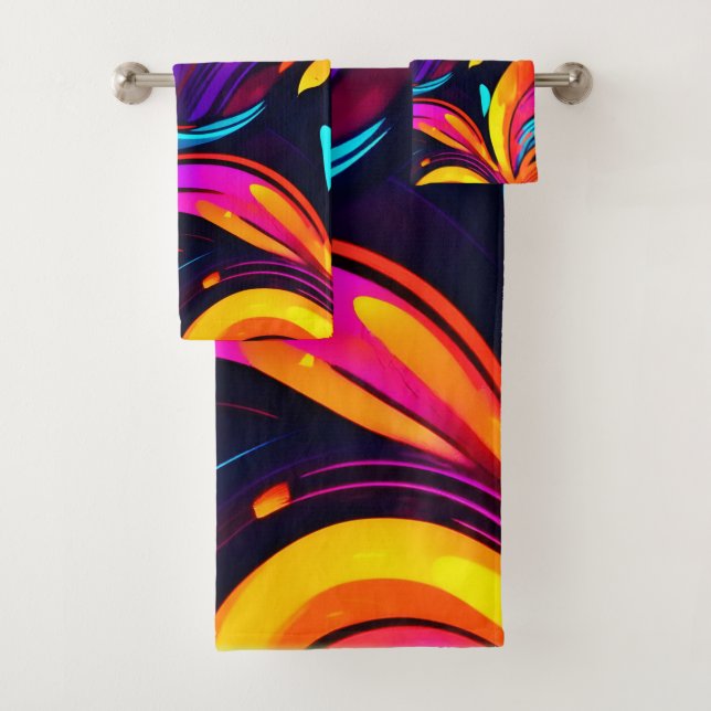 Neon Fire Design with Fiery Icons Bath Towel Set (Insitu)