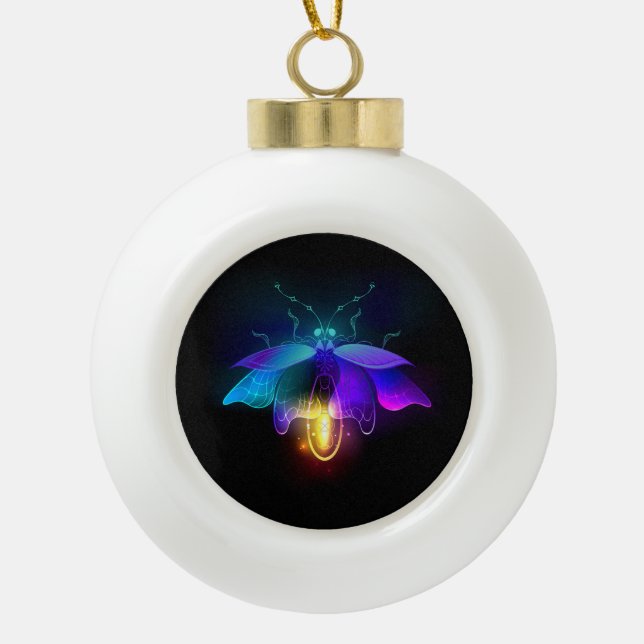 Neon Firefly on black Ceramic Ball Christmas Ornament (Front)
