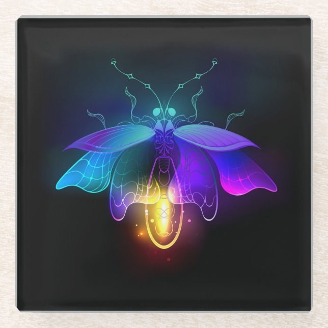 Neon Firefly on black Glass Coaster (Front)