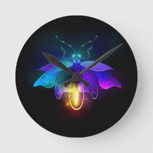 Neon Firefly on black Round Clock