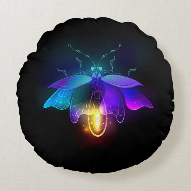 Neon Firefly on black Round Cushion (Front)