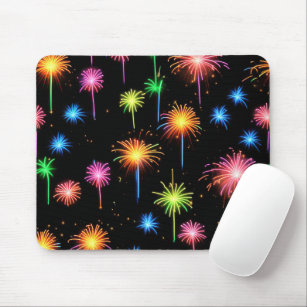 Neon Fireworks On Black Mouse Pad