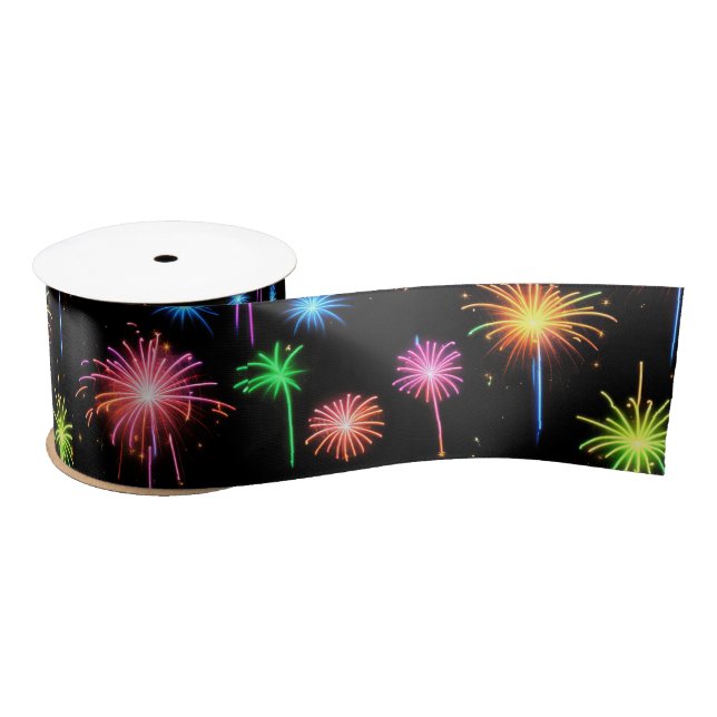 Neon Fireworks On Black Satin Ribbon (Spool)