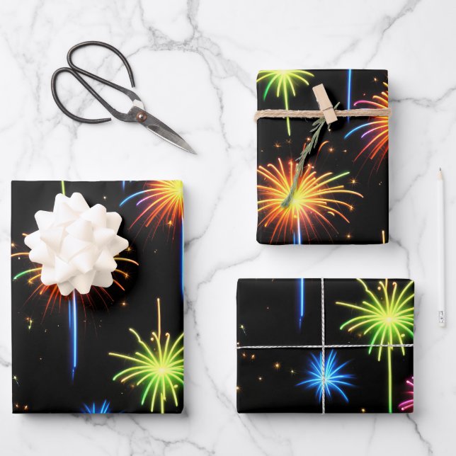 Neon Fireworks On Black Wrapping Paper Sheet (Front)