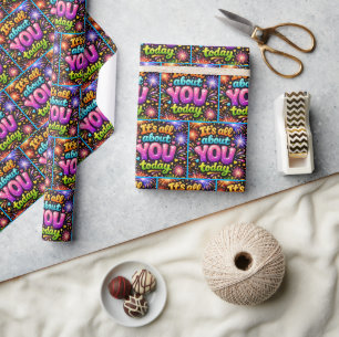 Neon Fireworks with Stars and Hearts Wrapping Paper