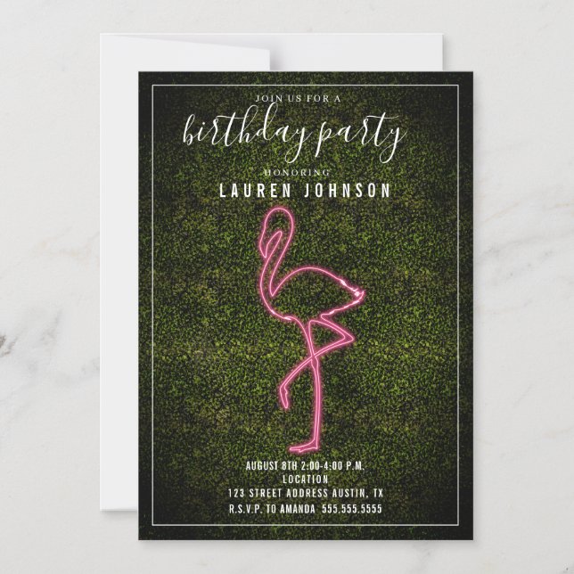 Neon Flamingo Boxwood Birthday Party Magnetic Invitation (Front)