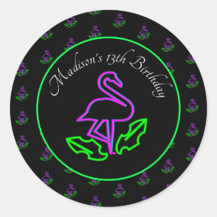 Neon Flamingo Glow Party Tropical Pink Favour Classic Round Sticker