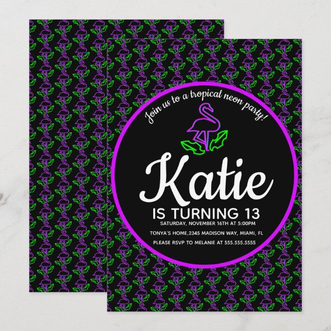 Neon Flamingo Glow Party Tropical Purple Invitation (Front/Back)