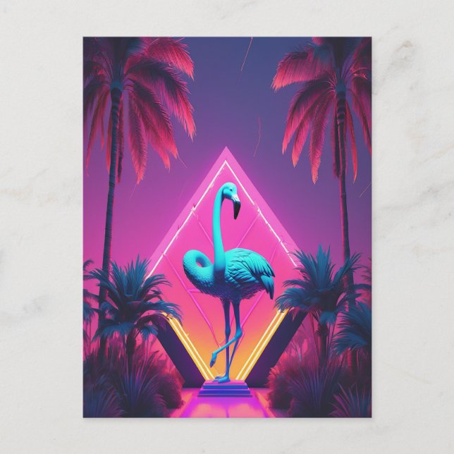 Neon Flamingo Palm Trees Vaporwave Aesthetic  Postcard (Front)