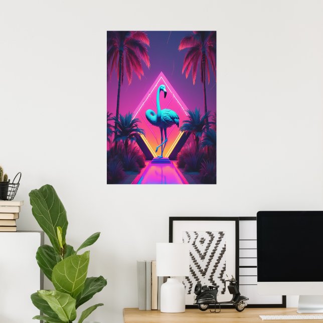 Neon Flamingo Palm Trees Vaporwave Aesthetic  Poster (Home Office)