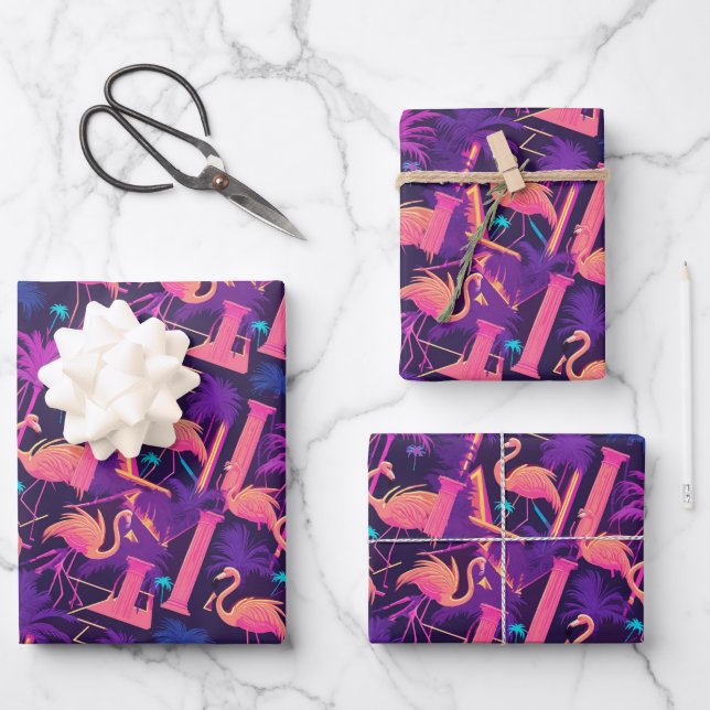 Neon Flamingo Palm Trees Vaporwave Aesthetic  Wrapping Paper Sheet (Front)