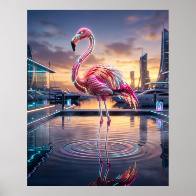 Neon Flamingo Sunset Marina Poster (Front)