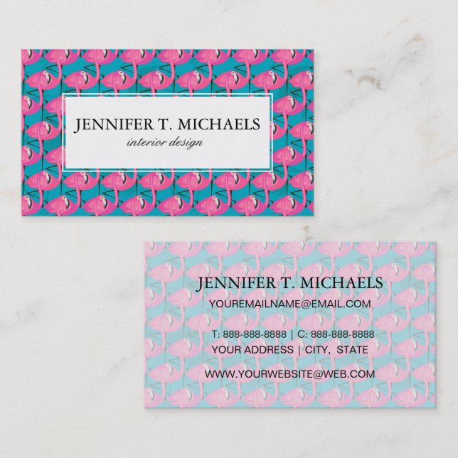Neon Flamingos | Monogram Business Card (Front/Back)