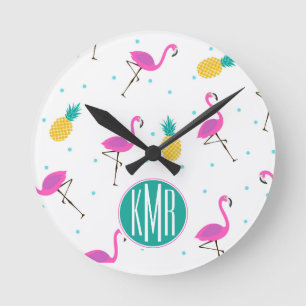 Neon Flamingos   Monogram Round Clock
