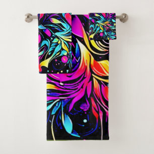 Neon Floral Burst Art Bath Towel Set