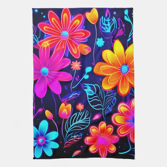 Neon Floral Fantasy Tea Towel (Vertical)