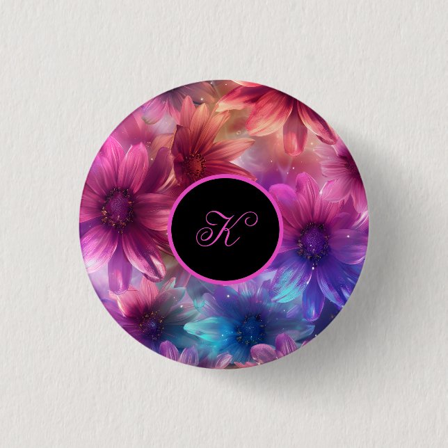 Neon Floral Pattern with Monogram  3 Cm Round Badge (Front)