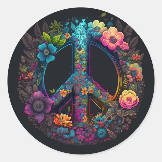 Neon Floral Peace Sign Classic Round Sticker (Front)