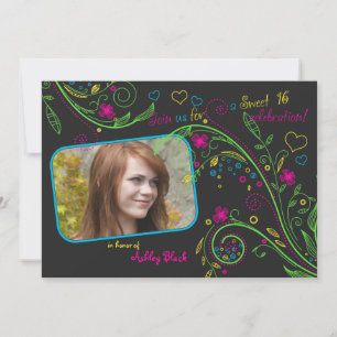 Neon Floral Photo Sweet 16 Birthday Invitation