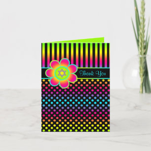 Neon Floral Stripes, Polka Dots Thank You Card