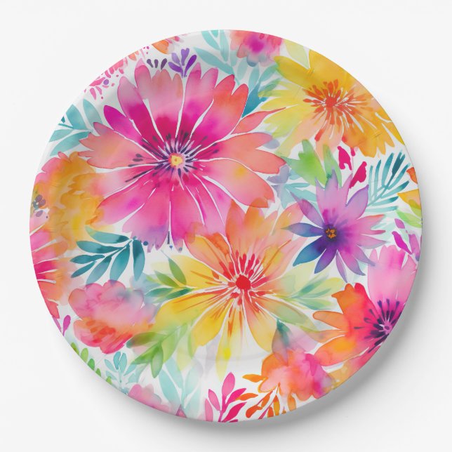Neon Floral Watercolor Party Paper Plate (Front)