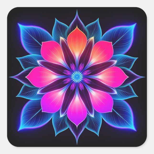 🌸 Neon Flower Blue Light Abstract Glow Art 🌸 Square Sticker (Front)