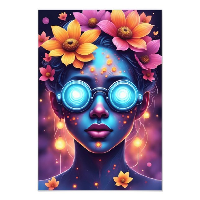 Neon Flower Goddess – Futuristic Fantasy Portrait Photo Print (Front)