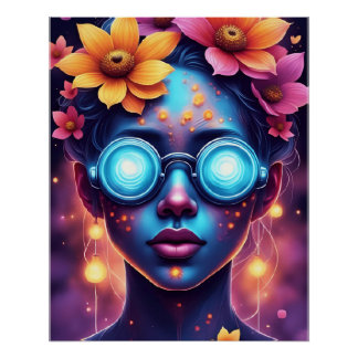 Neon Flower Goddess – Futuristic Fantasy Portrait Poster