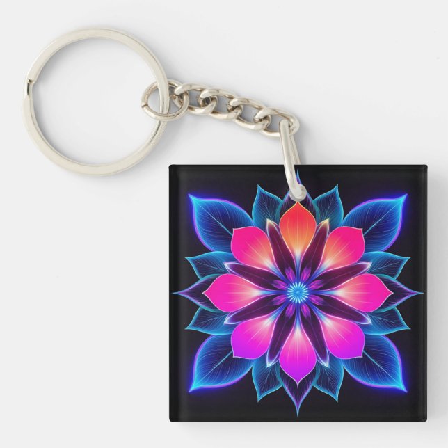 Neon Flower with Blue Light Patterns Key Ring (Front)