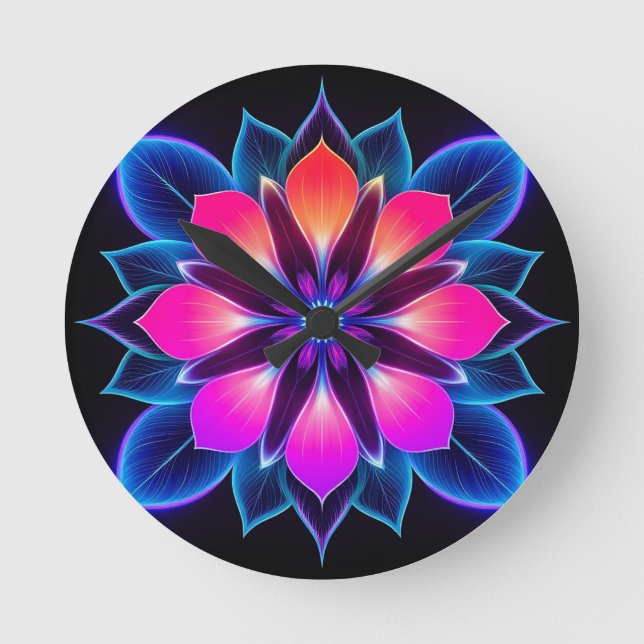 Neon Flower with Blue Light Patterns Round Clock (Front)