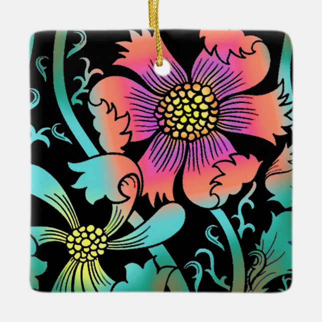 Neon Flowers Ceramic Ornament (Front)