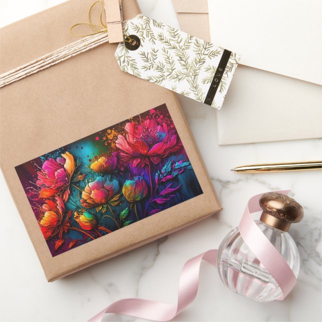 Neon flowers, colourful, bouquet, ink splatter rectangular sticker (Gifting)