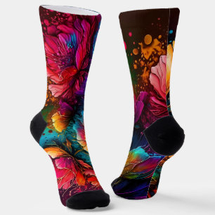 Neon flowers, colourful, bouquet, ink splatter socks
