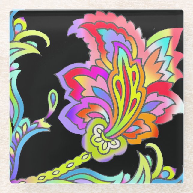 Neon Flowers Glass Coaster (Front)