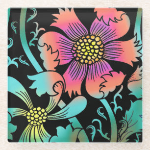 Neon Flowers Glass Coaster