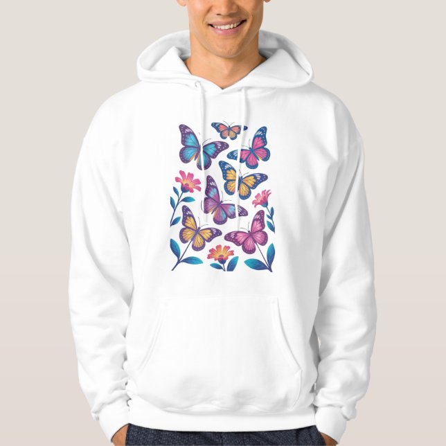Neon Flowers with Six Glowing Butterflies Hoodie (Front)